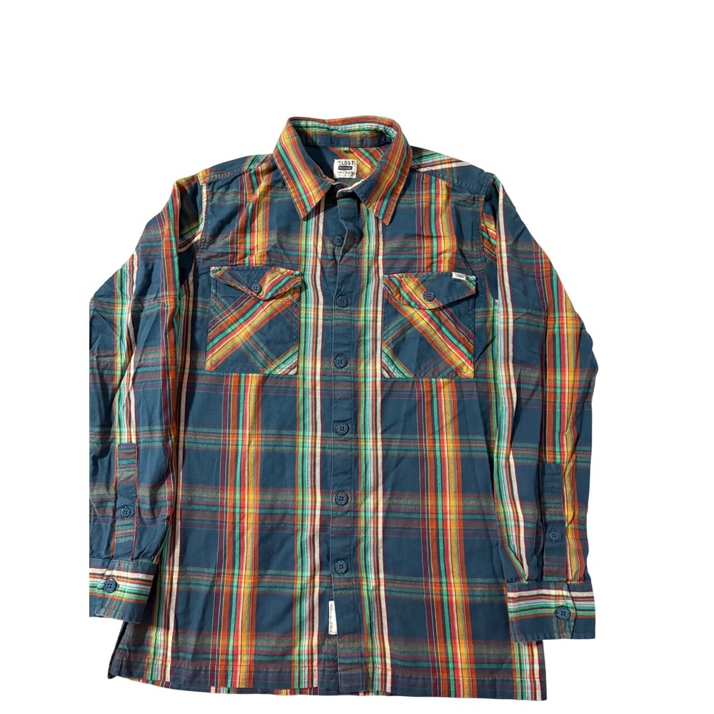 Lost Mischief Mens Small Plaid Flannel Shirt Long Sleeve Blue Orange Cotton